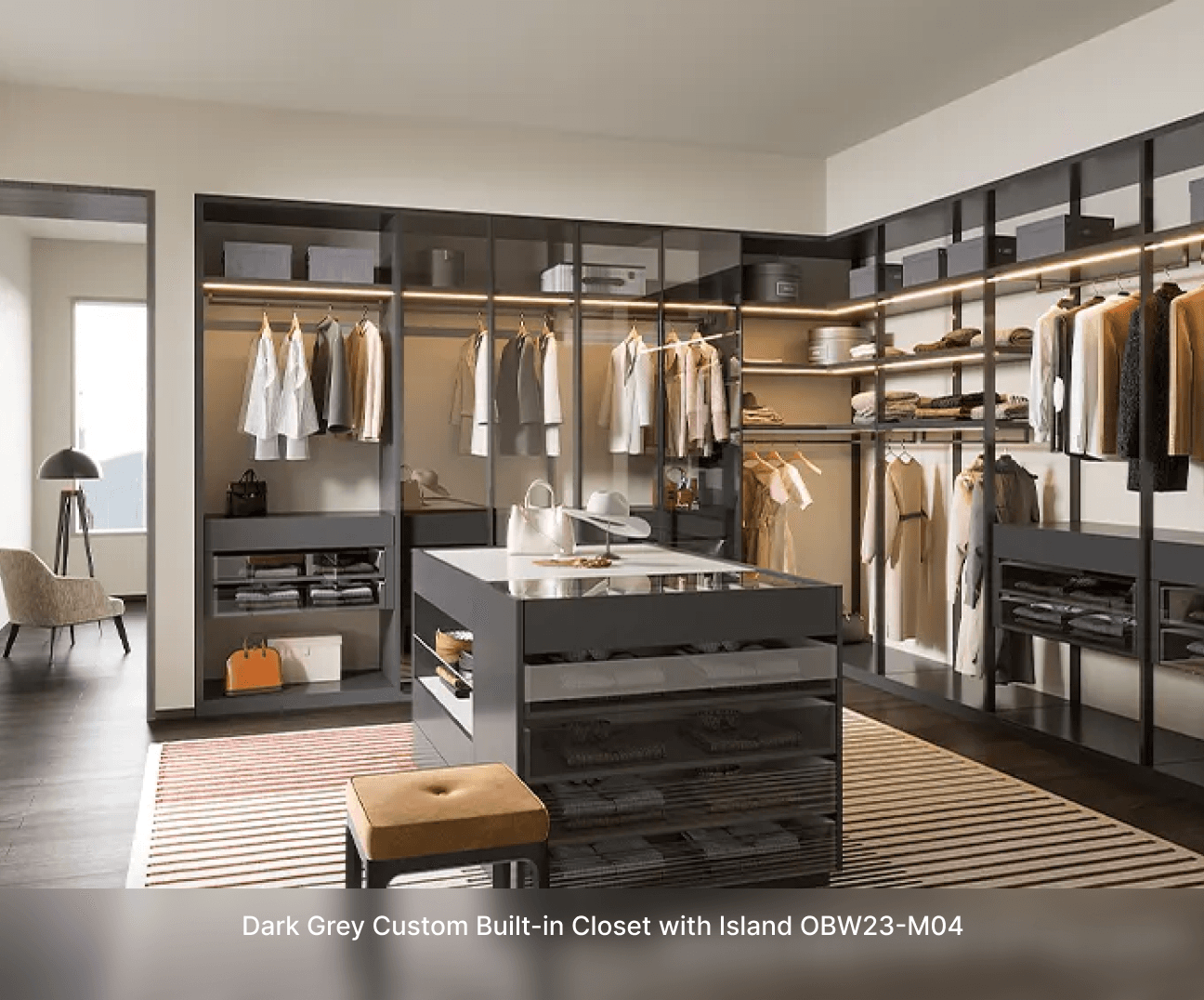 Dark Grey Custom Built-in Closet with Island OBW23-M04