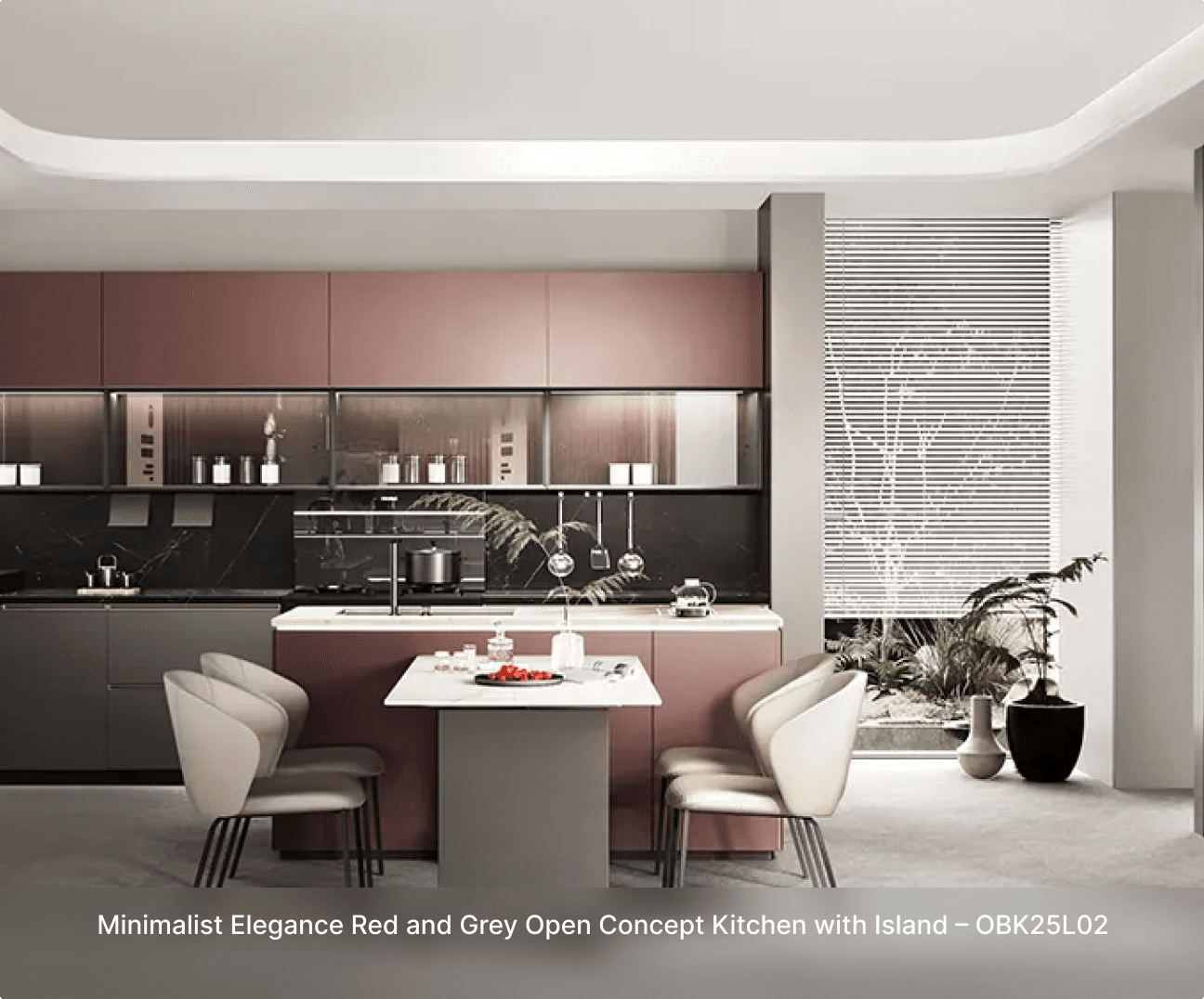 Minimalist Elegance Red and Grey Open Concept Kitchen with Island – OBK25L02